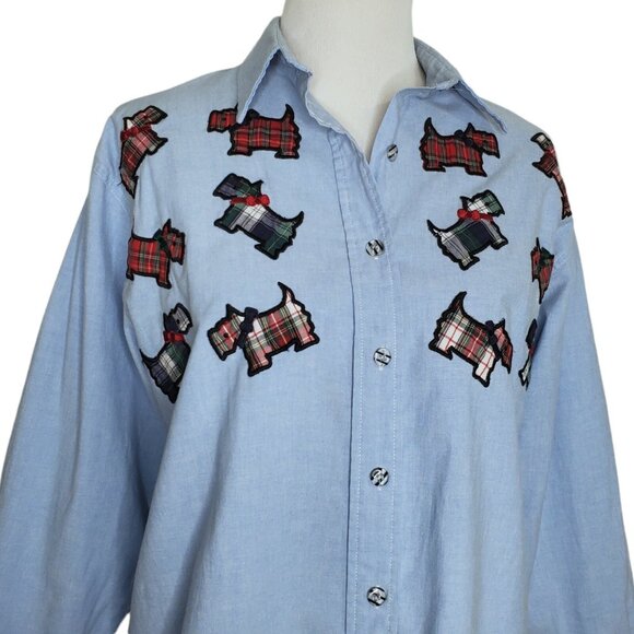 Vintage Scottie Dog Embroidered Womens Shirt Size Medium Long Sleeves Blue - Picture 2 of 7